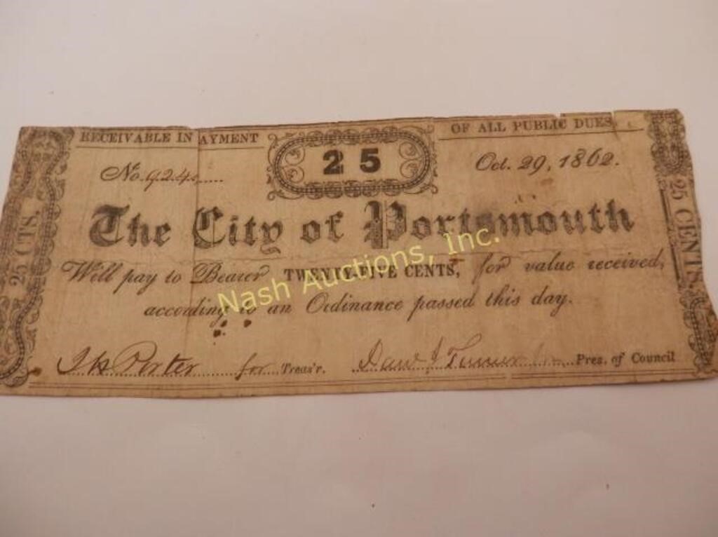 1862 City of Portsmouth 25 cents Civil War note