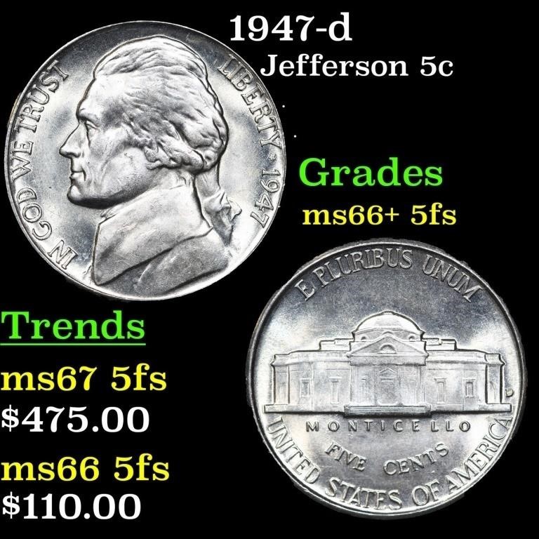 1947-d Jefferson Nickel 5c Grades GEM++ 5fs