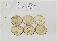 Six 1968-69 40% Silver JFK Half $1 Dollars
