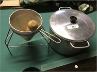 Vintage sieve w/wood mortar & aluminum pot