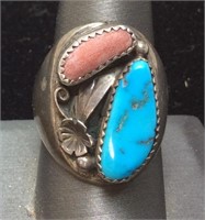 MENS CHUNKY TURQUOISE & CORAL RING