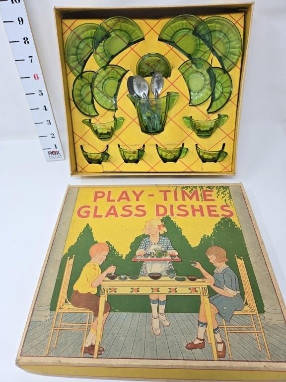 Vintage Green Glass Play-Time Dish Set w/Box