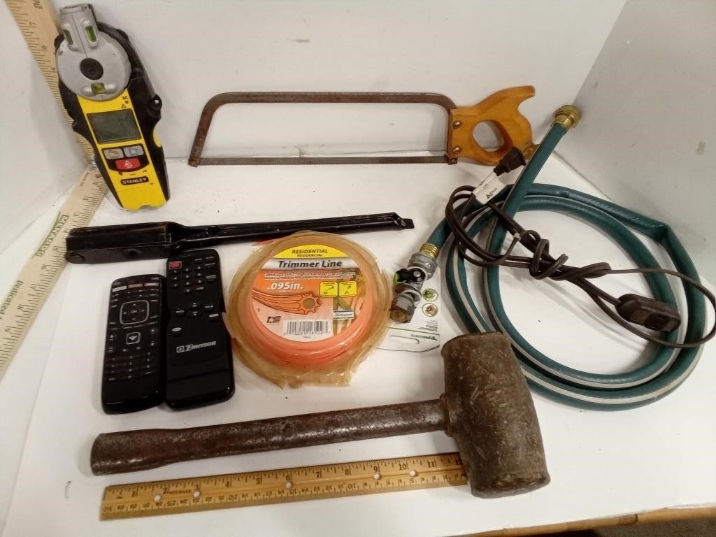Box Saw, Stud Finder, Sledgehammer,  Hose