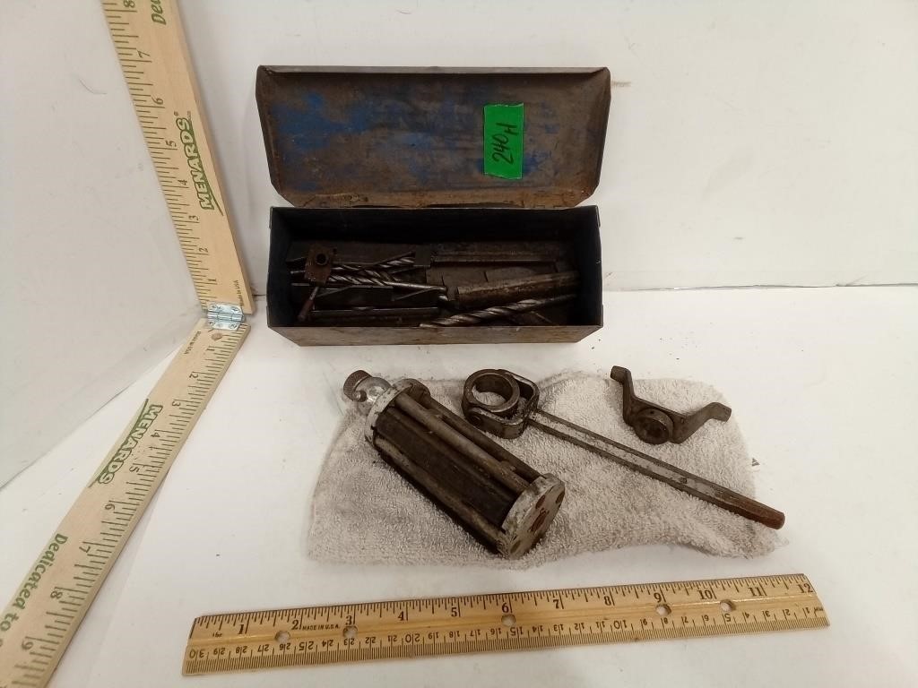 Metal Box Of Drill Bits & Misc Tools