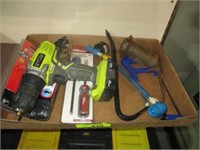 Flat w/Ryobi drill, nailbar, screwdrivers, misc