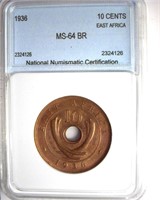 1936 10 Cents NNC MS64BR East Africa