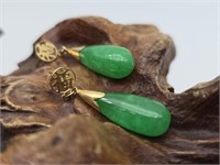 Pair of Green Jade & Gold Teardrop Earrings