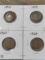 Four Old Pennies, one Indian Head