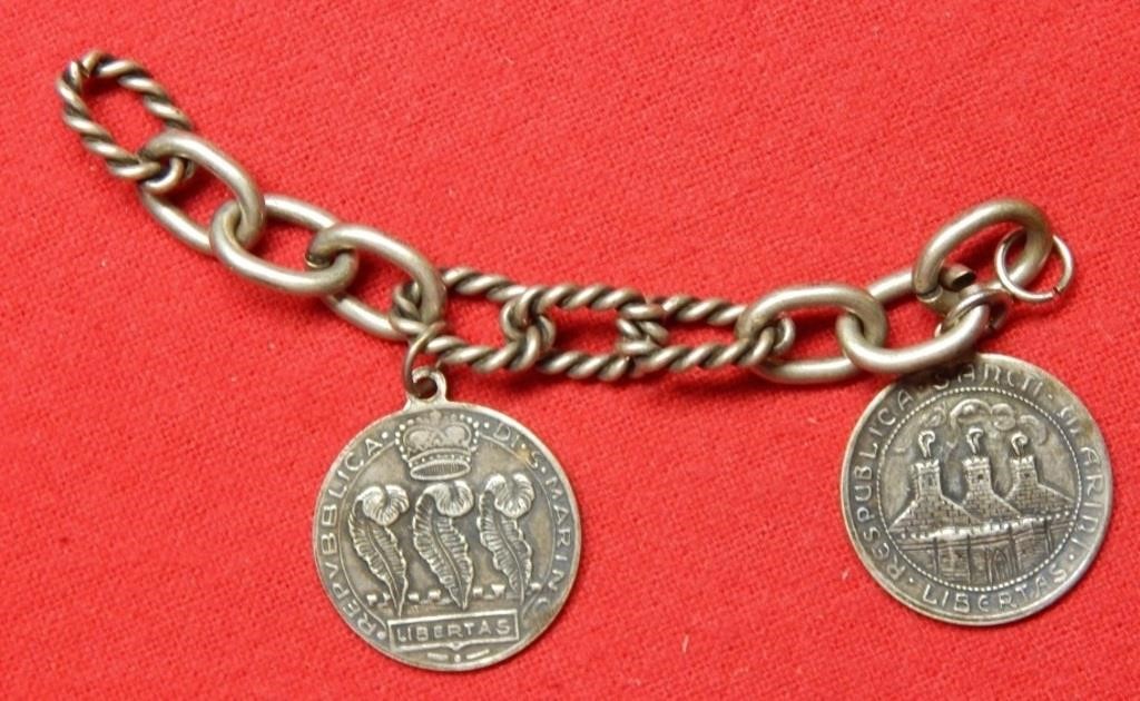 Silver Bracelet w 2 Unknown Silver Commemoratives