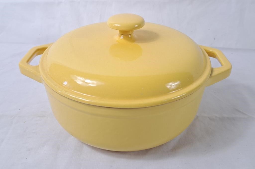 Yellow cast iron casserole dish