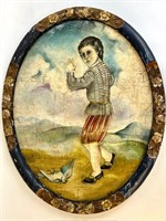 ANTIQUE FRENCH PAINTING OF A BOY WITH DEAD BIRD