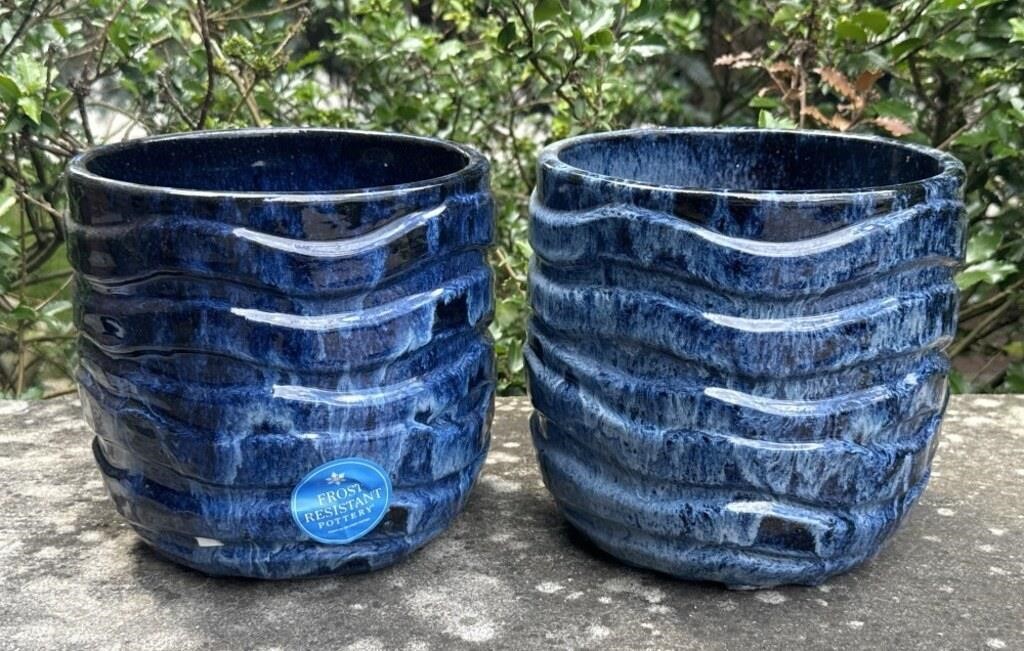 Two Frost Resistant Blue Pottery Planters