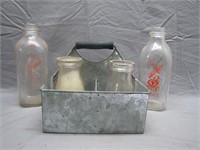 Antique 50's Metal Milk Bottle Carrier w/Bottles