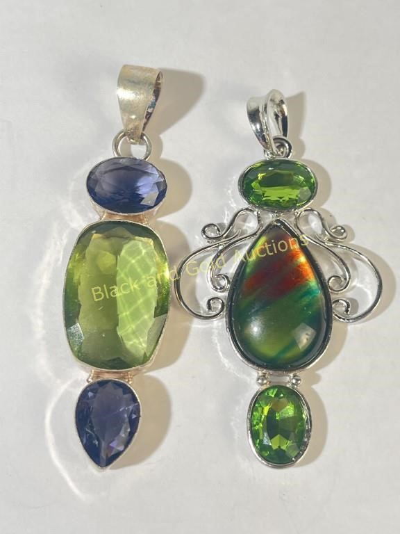 (2) Sterling Silver Green Pendants