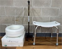 Medical lot incl. toilet seat, cane & shower chair