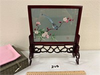 Asian Stand w/ Embroidered Bird on Silk Panel