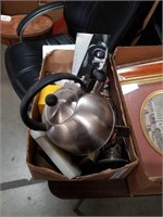 Box of tea kettle and miscellaneous
