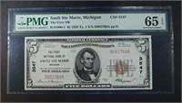 1929 TY1 $5.00 NATIONAL CURRENCY PMG 65EPQ