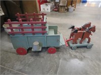 Wooden wagon and horses, 32" long