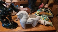 Animal figurines, bird planter, more