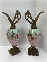 Matched Pair Hand-painted Victorian Glass Ewers