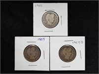 3 Barber Silver Quarters 1901, 1909, 1909 D