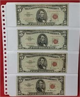 Eight 1953 &1963 Red Seal Five Dollar Notes