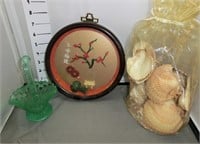 small green pressed glass basket, seashells, etc.