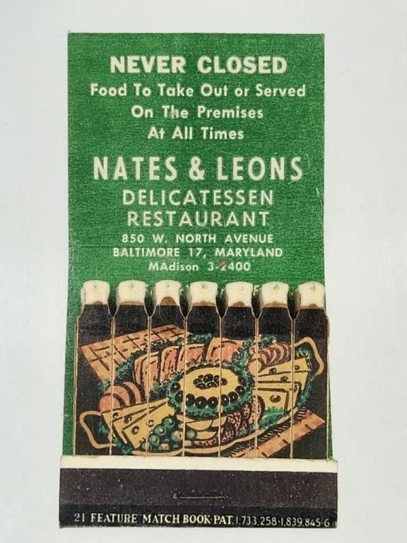 NATES & LEONS RESTAURANT FEATURE MATCHBOOK