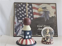 4TH OF JULY LOT-GLOBE PICTURE AND WOODEN FLAG HOLD