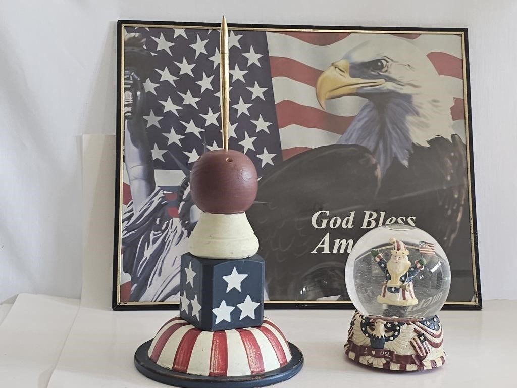 4TH OF JULY LOT-GLOBE PICTURE AND WOODEN FLAG HOLD