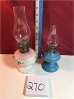 2 small. lamps, 1 blue base & 1 pink/flower base