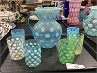 Opalescent Ruffled Pitcher, Glasses.