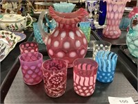 Opalescent Ruffled Pitcher, Glasses.