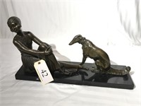 Bronze woman and dog on marble stand. 12x24x7.