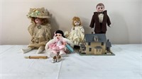 Porcelain dolls and mini figure house