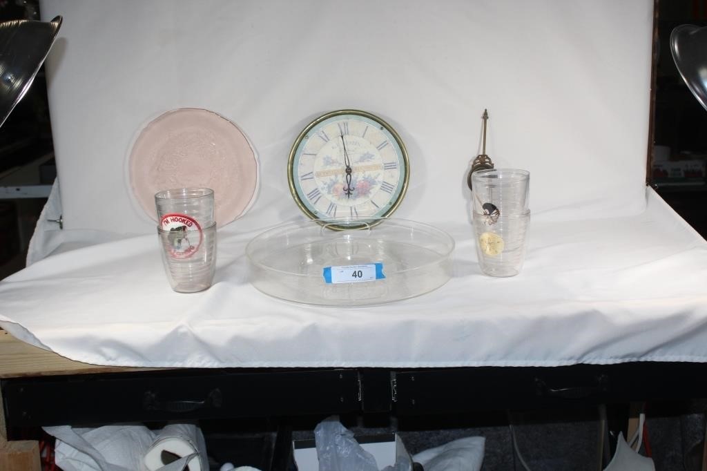 Tray, Glasses, plates, clock