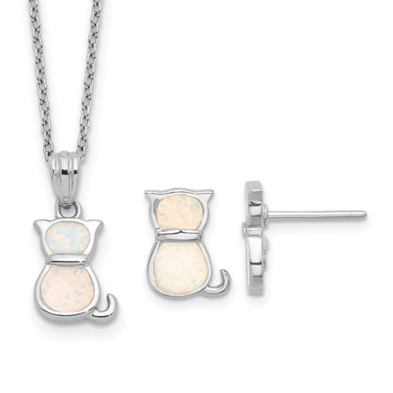 Sterling Silver  Created Opal Cat Set