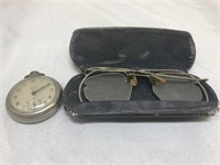 Westclox Dax pocket watch and spectacles lot.