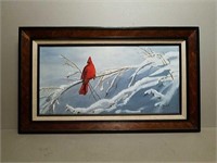 Framed Cardinal Painting on Canvas.