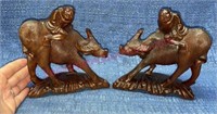 (2) Hand carved wood water buffalo statues