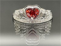 Sterling Silver Ring Red Heart and White Stones