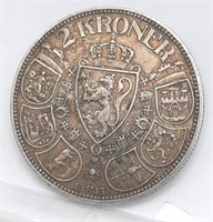 1913 Silver 2 Kroner Norway Coin