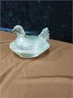 Hen on nest Indiana glass chip on tail feathers