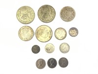 13 Foreign Silver+ Coins Mexico, France, Canada