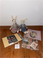 Stuffed Bunnies (2) and Doll Collector Items