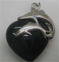 S/S Dolphin Over Onyx Heart Pendant