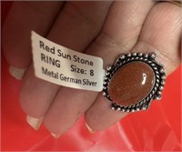 German Silver Red Sun Stone ring Size 8