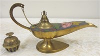Cloisonne brass lamp & brass bell