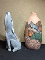 Southwest Style Vase + Wood Carved Coyote